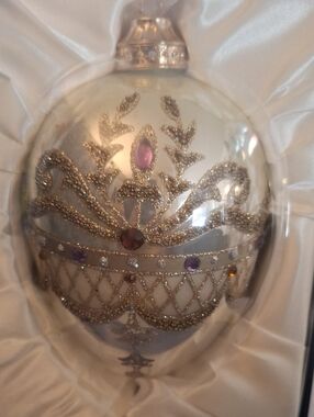 Large Hand-Painted Gold & Silver Decorative Egg Ornament    6.5" X 5"